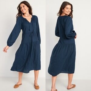 Old Navy Waist Defined Embroidered Long Sleeve Midi Dress Blue Size XL Pockets‎